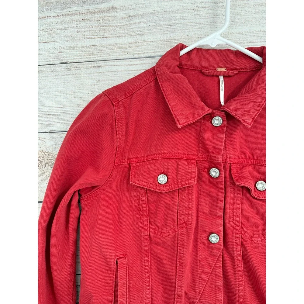 Free People Denim Jacket Women Medium Red Trucker Cotton Button Up - Picture 3 of 10